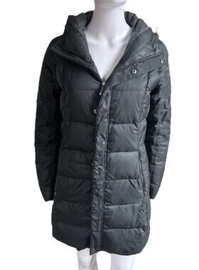 Rei Womens S Down Puffer Parka Black Hooded Quilted Mid Length Winter Coat